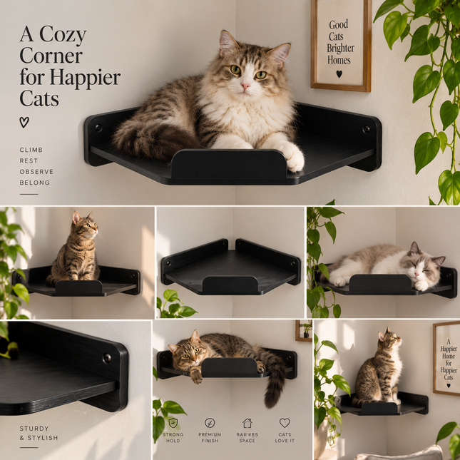 House Of Meows - Wall Mounted Wooden Cat Corner Shelf