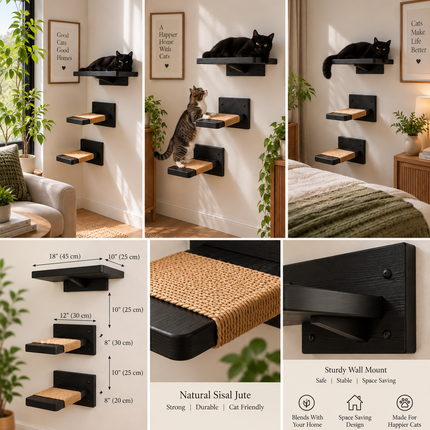 HOM Wall Mounted Cat Shelves for Indoor Cats, Modern Wooden Cat Climbing Steps with Sisal Scratcher, Space Saving Cat Wall Furniture, Black