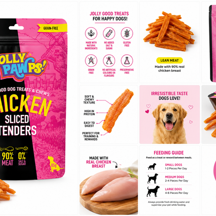 Jolly Pawps Chicken Sliced Tenders Dog Treats | 90% Real Chicken | High Protein | Grain-Free | 85g