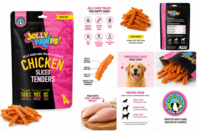 Jolly Pawps Chicken Sliced Tenders Dog Treats | 90% Real Chicken | High Protein | Grain-Free | 85g