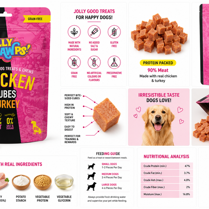 Jolly Pawps Chicken Cubes + Turkey Dog Treats | 90% Meat | Grain-Free | High Protein | 85g