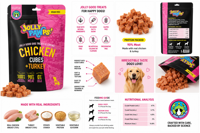 Jolly Pawps Chicken Cubes + Turkey Dog Treats | 90% Meat | Grain-Free | High Protein | 85g