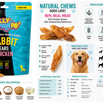 Jolly Pawps Rabbit Ears + Chicken | Natural Rabbit Dog Chews | Grain-Free | High Protein | 85g