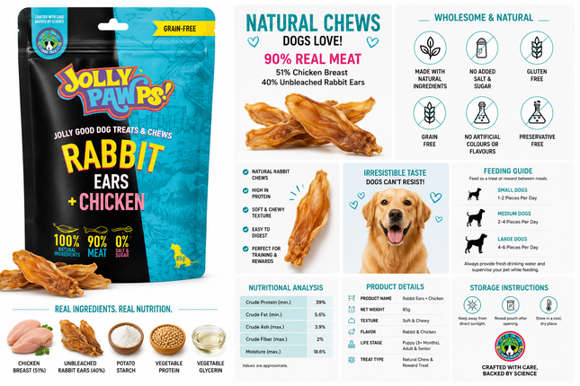 Jolly Pawps Rabbit Ears + Chicken | Natural Rabbit Dog Chews | Grain-Free | High Protein | 85g