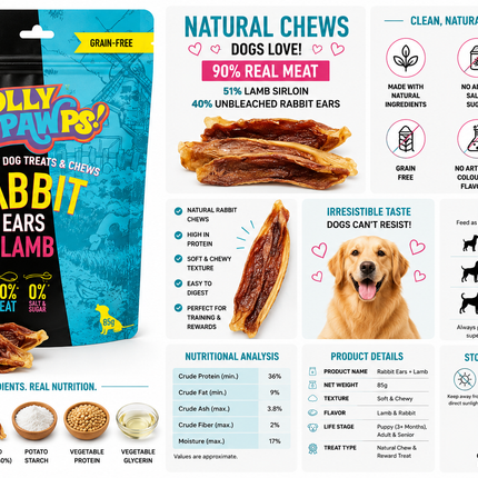 Jolly Pawps Rabbit Ears + Lamb Dog Treats | 90% Meat | Grain-Free | Natural High-Protein Treat | 85g