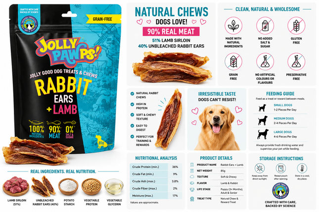 Jolly Pawps Rabbit Ears + Lamb Dog Treats | 90% Meat | Grain-Free | Natural High-Protein Treat | 85g