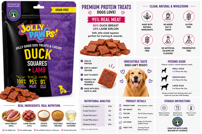 Jolly Pawps Duck Squares + Lamb Dog Treats | 95% Real Meat | Grain-Free | High Protein | 85g