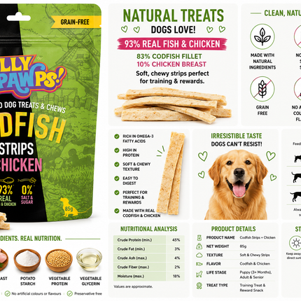 Jolly Pawps Codfish Strips + Chicken Dog Treats | 93% Real Fish & Chicken | Grain-Free | Omega-Rich | 85g