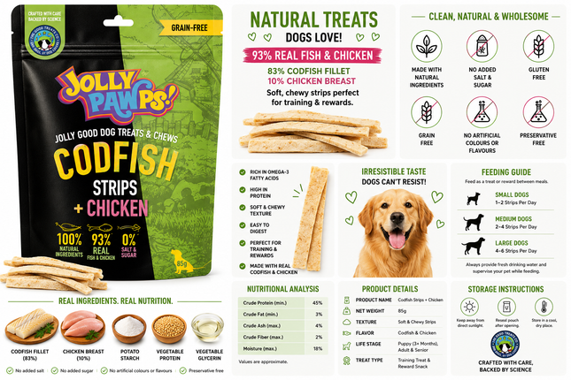 Jolly Pawps Codfish Strips + Chicken Dog Treats | 93% Real Fish & Chicken | Grain-Free | Omega-Rich | 85g