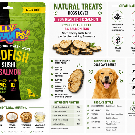 Jolly Pawps Codfish Sushi + Salmon Dog Treats | 90% Real Fish | Grain-Free | Omega-3 Rich | 80g