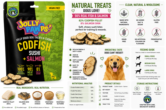 Jolly Pawps Codfish Sushi + Salmon Dog Treats | 90% Real Fish | Grain-Free | Omega-3 Rich | 80g