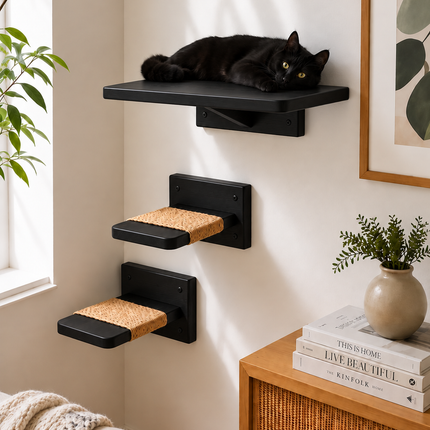 HOM Wall Mounted Cat Shelves for Indoor Cats, Modern Wooden Cat Climbing Steps with Sisal Scratcher, Space Saving Cat Wall Furniture, Black