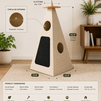 HOM PurrPyramid™ Wooden Cat Tower – Modern Cat Tree with Scratcher & Hideout