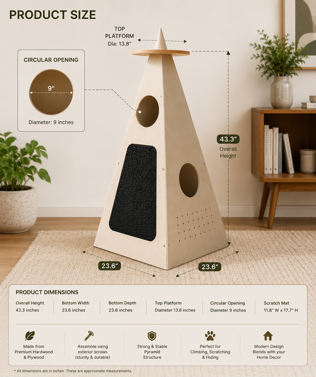 HOM PurrPyramid™ Wooden Cat Tower – Modern Cat Tree with Scratcher & Hideout