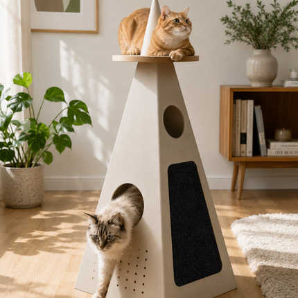 HOM PurrPyramid™ Wooden Cat Tower – Modern Cat Tree with Scratcher & Hideout