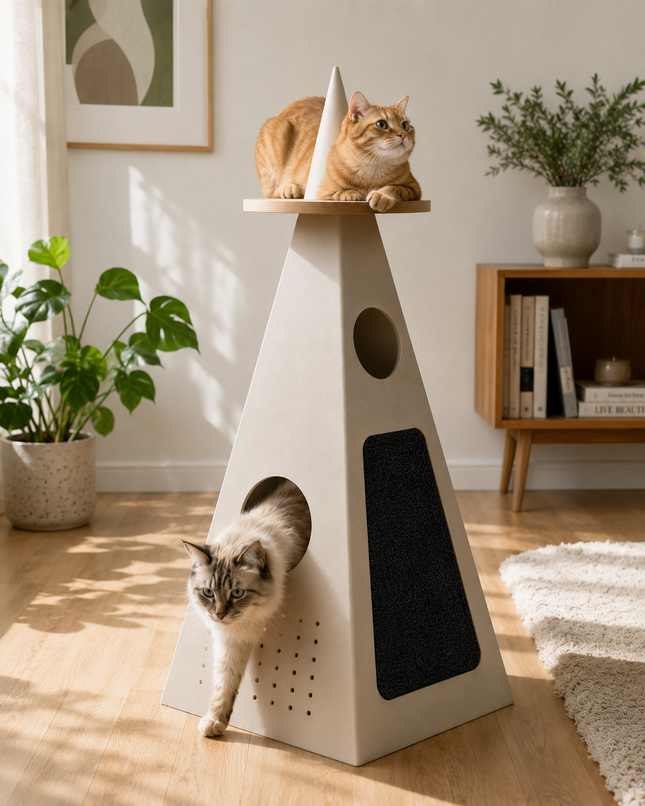 HOM PurrPyramid™ Wooden Cat Tower – Modern Cat Tree with Scratcher & Hideout
