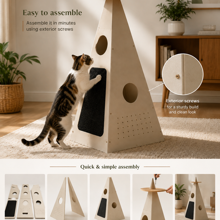 HOM PurrPyramid™ Wooden Cat Tower – Modern Cat Tree with Scratcher & Hideout