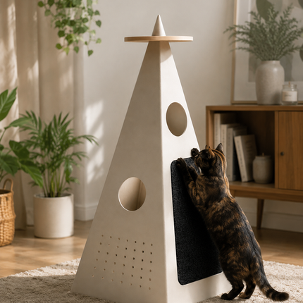 HOM PurrPyramid™ Wooden Cat Tower – Modern Cat Tree with Scratcher & Hideout