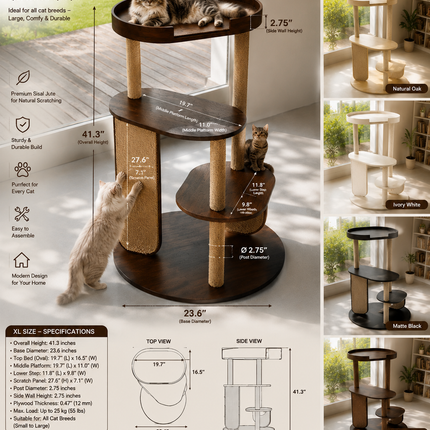 HOM PurrVista Premium Wooden Cat Tree for Large Cats | Multi-Level Cat Furniture with Sisal Jute Scratcher