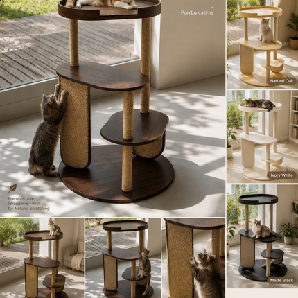 HOM PurrVista Premium Wooden Cat Tree for Large Cats | Multi-Level Cat Furniture with Sisal Jute Scratcher