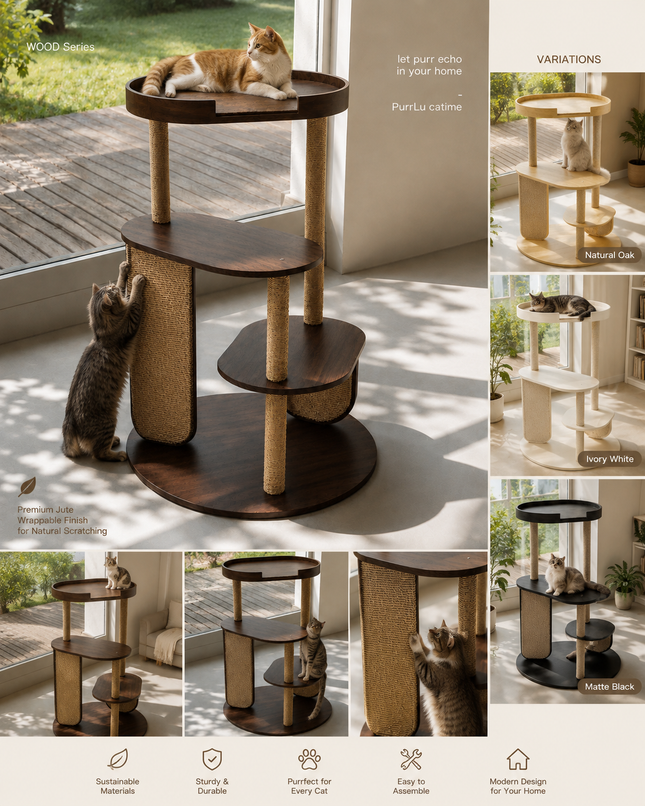 HOM PurrVista Premium Wooden Cat Tree for Large Cats | Multi-Level Cat Furniture with Sisal Jute Scratcher