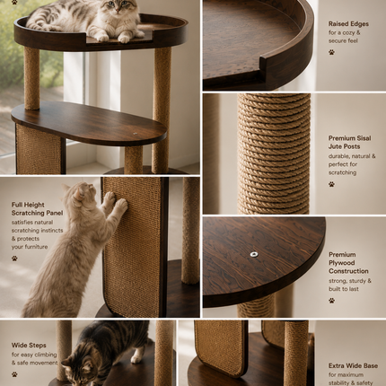 HOM PurrVista Premium Wooden Cat Tree for Large Cats | Multi-Level Cat Furniture with Sisal Jute Scratcher