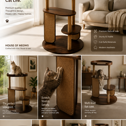 HOM PurrVista Premium Wooden Cat Tree for Large Cats | Multi-Level Cat Furniture with Sisal Jute Scratcher