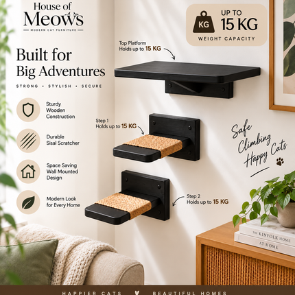 HOM Wall Mounted Cat Shelves for Indoor Cats, Modern Wooden Cat Climbing Steps with Sisal Scratcher, Space Saving Cat Wall Furniture, Black