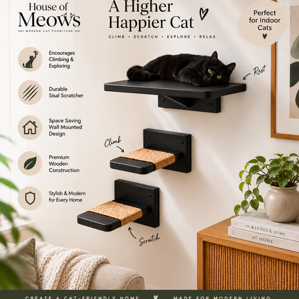 HOM Wall Mounted Cat Shelves for Indoor Cats, Modern Wooden Cat Climbing Steps with Sisal Scratcher, Space Saving Cat Wall Furniture, Black