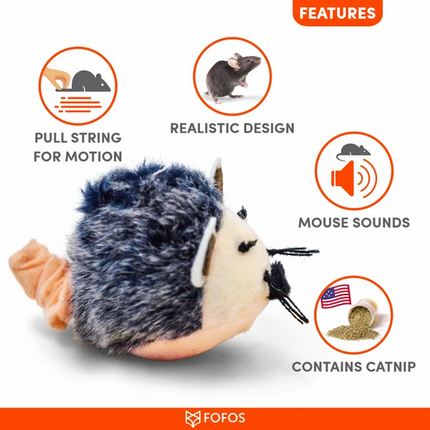 BarkButler x Fofos Pull String & Sound Chip Mouse Electronic Cat Toy, Grey|US Grade Catnip Inside|Motion Activated Mouse Sounds|Soft Plush Fabric|for All Cat&Kitten Breeds
