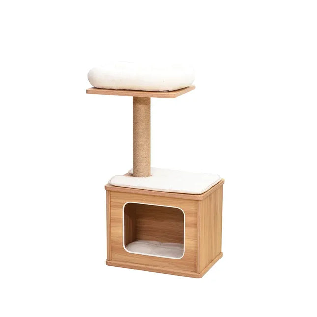 House of Meows – Mini Cat Tree Condo | 2-Tier Wooden Cat Tower with Scratcher