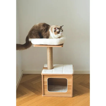 House of Meows – Mini Cat Tree Condo | 2-Tier Wooden Cat Tower with Scratcher