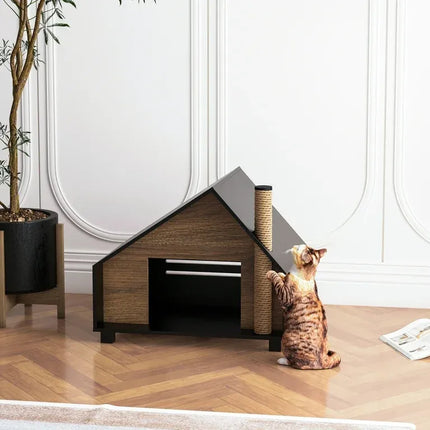 House of Meows – Wooden Cat House Cabin | Modern Indoor Cat Condo with Scratche