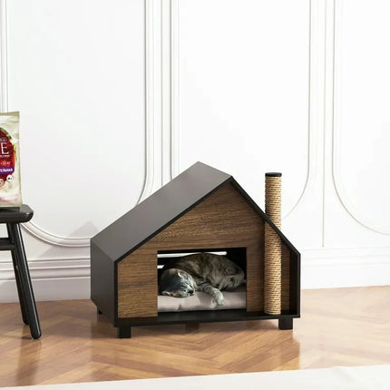 House of Meows – Wooden Cat House Cabin | Modern Indoor Cat Condo with Scratche