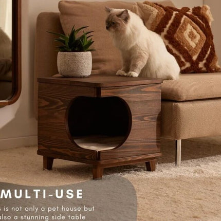 House Of Meows Haven Cube – Multipurpose Modern Wooden Cat House & Side Table