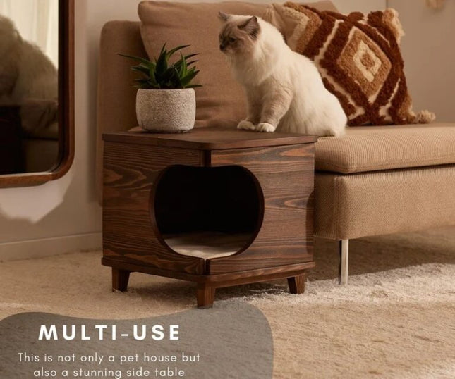 House Of Meows Haven Cube – Multipurpose Modern Wooden Cat House & Side Table