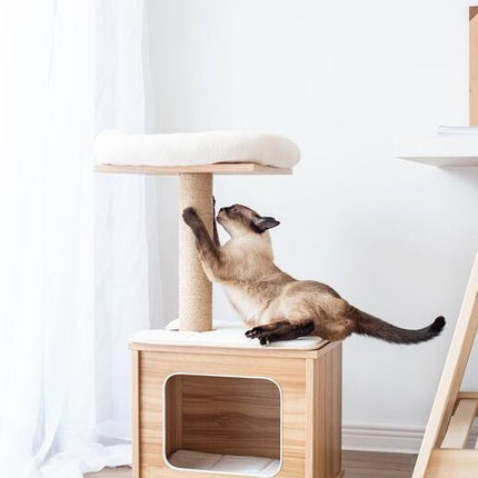 House of Meows – Mini Cat Tree Condo | 2-Tier Wooden Cat Tower with Scratcher