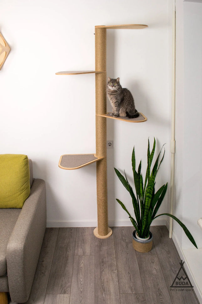 House of Meows – Urban Canopy | Tall Wooden Cat Tree Tower with Natural Jute Scratcher & Shelves