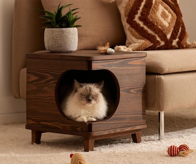 House Of Meows Haven Cube – Multipurpose Modern Wooden Cat House & Side Table