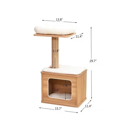 House of Meows – Mini Cat Tree Condo | 2-Tier Wooden Cat Tower with Scratcher