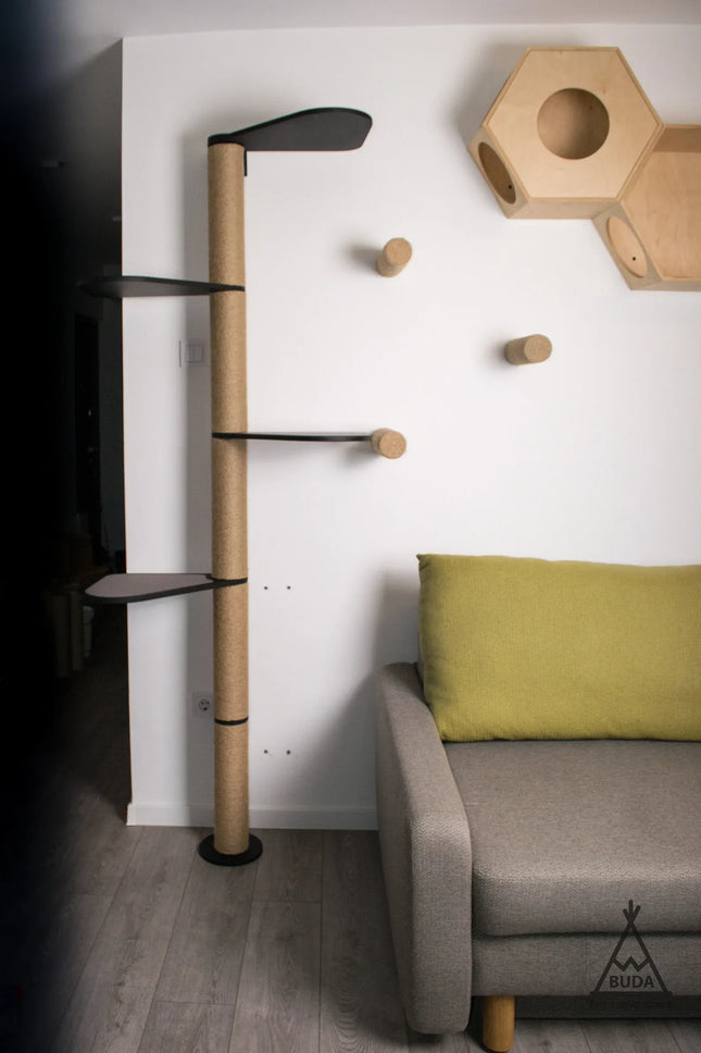 House of Meows – Urban Canopy | Tall Wooden Cat Tree Tower with Natural Jute Scratcher & Shelves