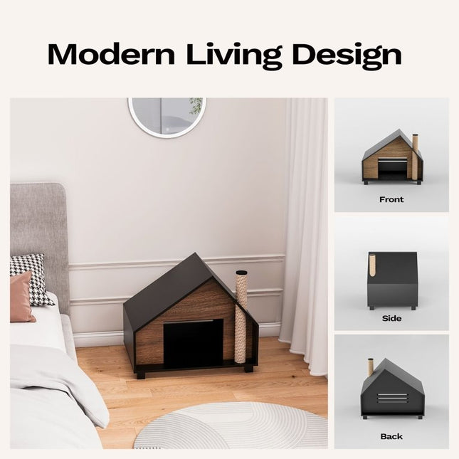 House of Meows – Wooden Cat House Cabin | Modern Indoor Cat Condo with Scratche