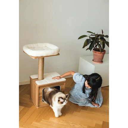 House of Meows – Mini Cat Tree Condo | 2-Tier Wooden Cat Tower with Scratcher