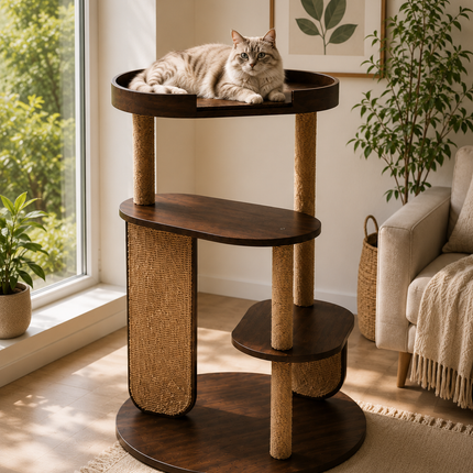 HOM PurrVista Premium Wooden Cat Tree for Large Cats | Multi-Level Cat Furniture with Sisal Jute Scratcher
