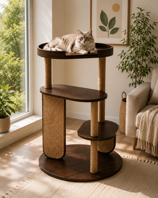 HOM PurrVista Premium Wooden Cat Tree for Large Cats | Multi-Level Cat Furniture with Sisal Jute Scratcher
