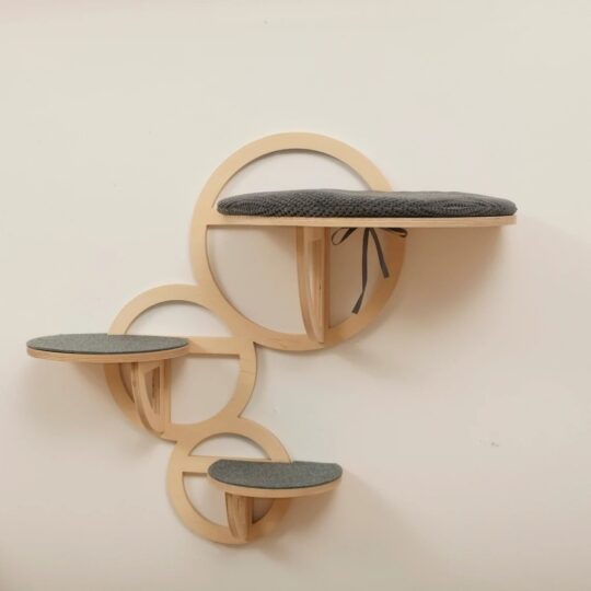 Bubble Cat Shelf with Steps: Modern Birch Climbing Wall (Black Color)